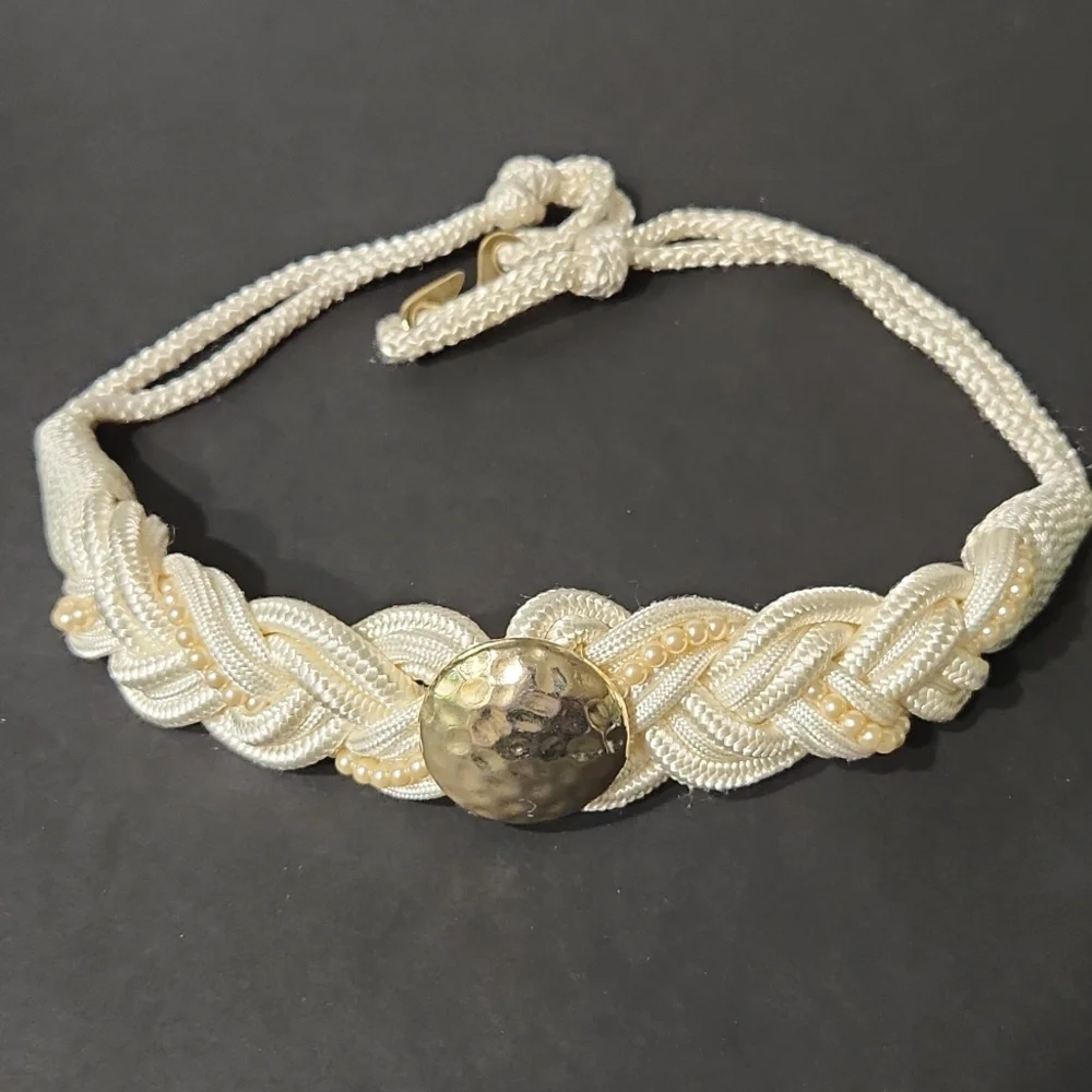 Vintage Elegant Ivory Hammered Gold Satin Braided Belt With Pearl Detail Large